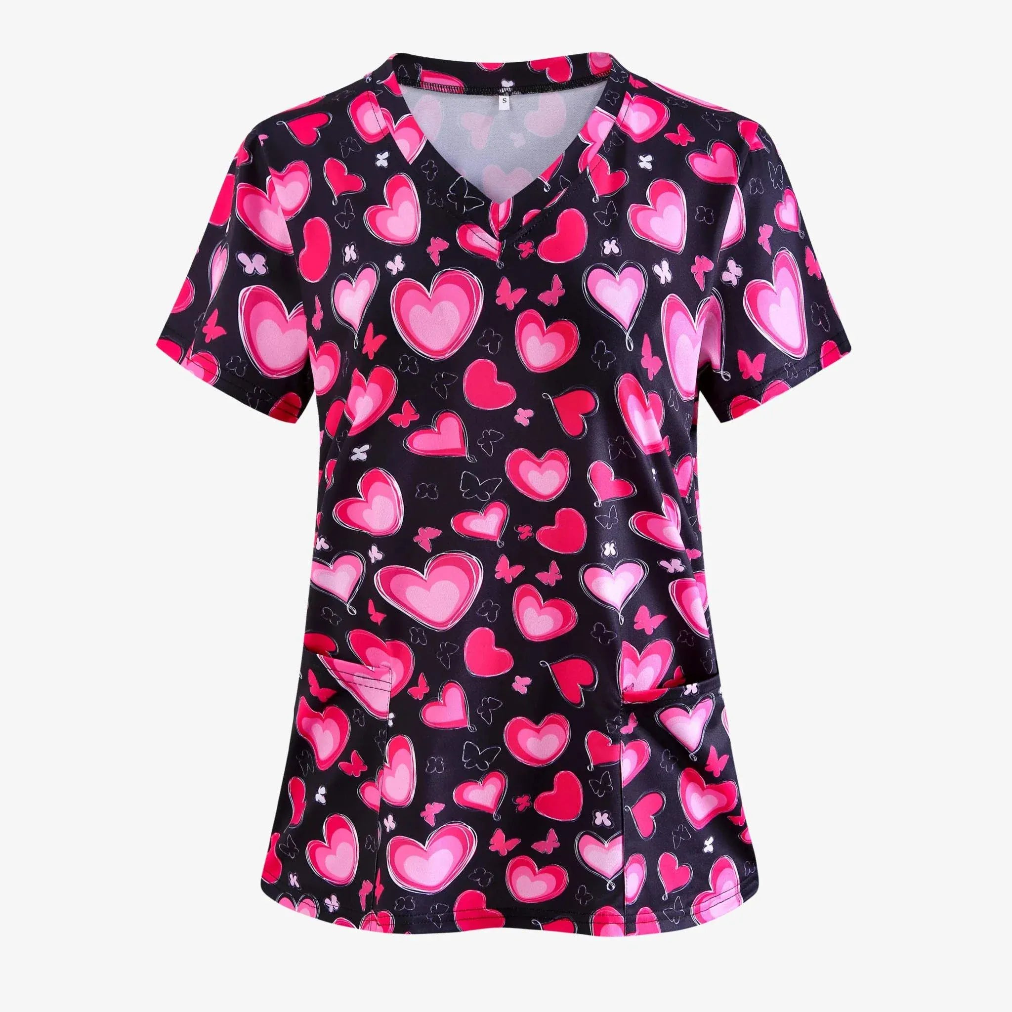 Women's Valentine Heart Nurse-Style T-Shirt with heart print and V-neck, perfect Valentines Day Clothes for casual and festive wear