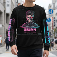 Cyberpunk Anime Sweatshirt with Tokyo neon alley all-over print, vibrant manga streetwear design