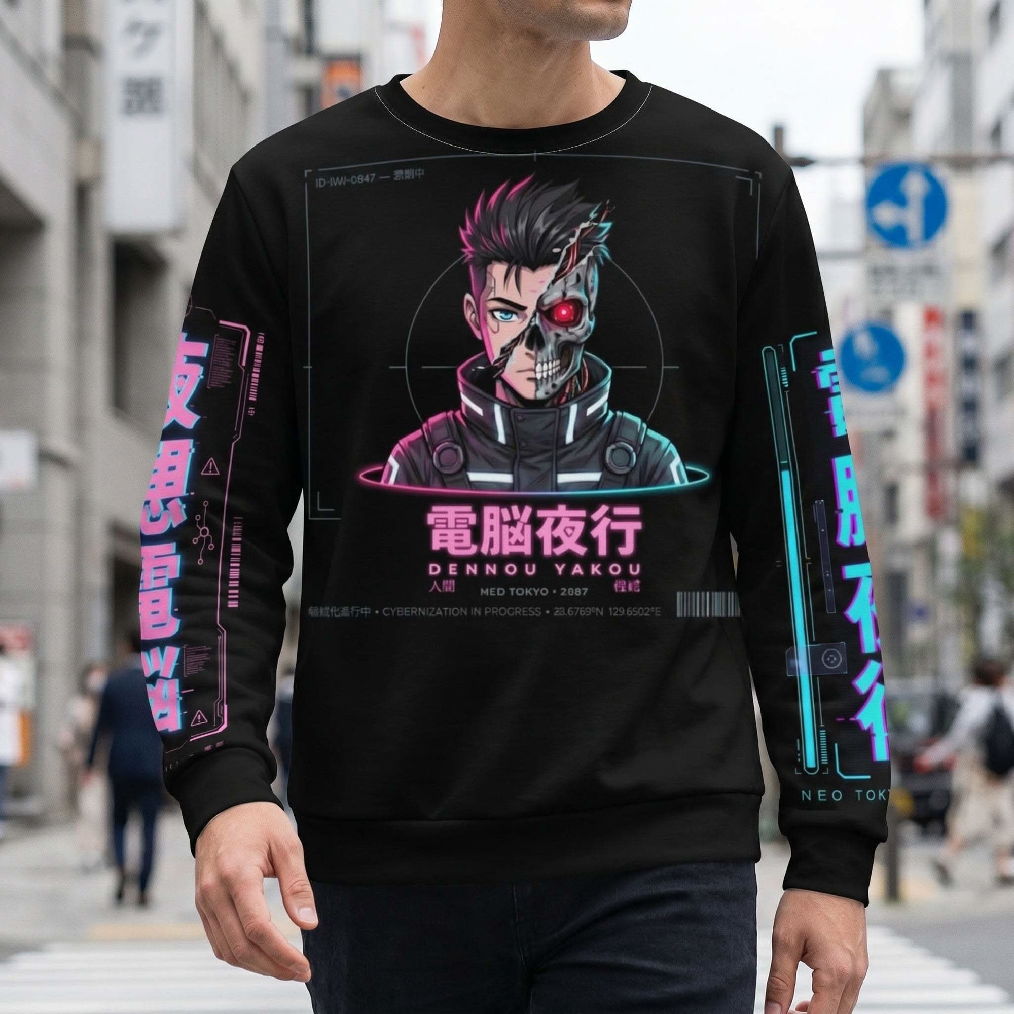 Cyberpunk Anime Sweatshirt with Tokyo neon alley all-over print, vibrant manga streetwear design
