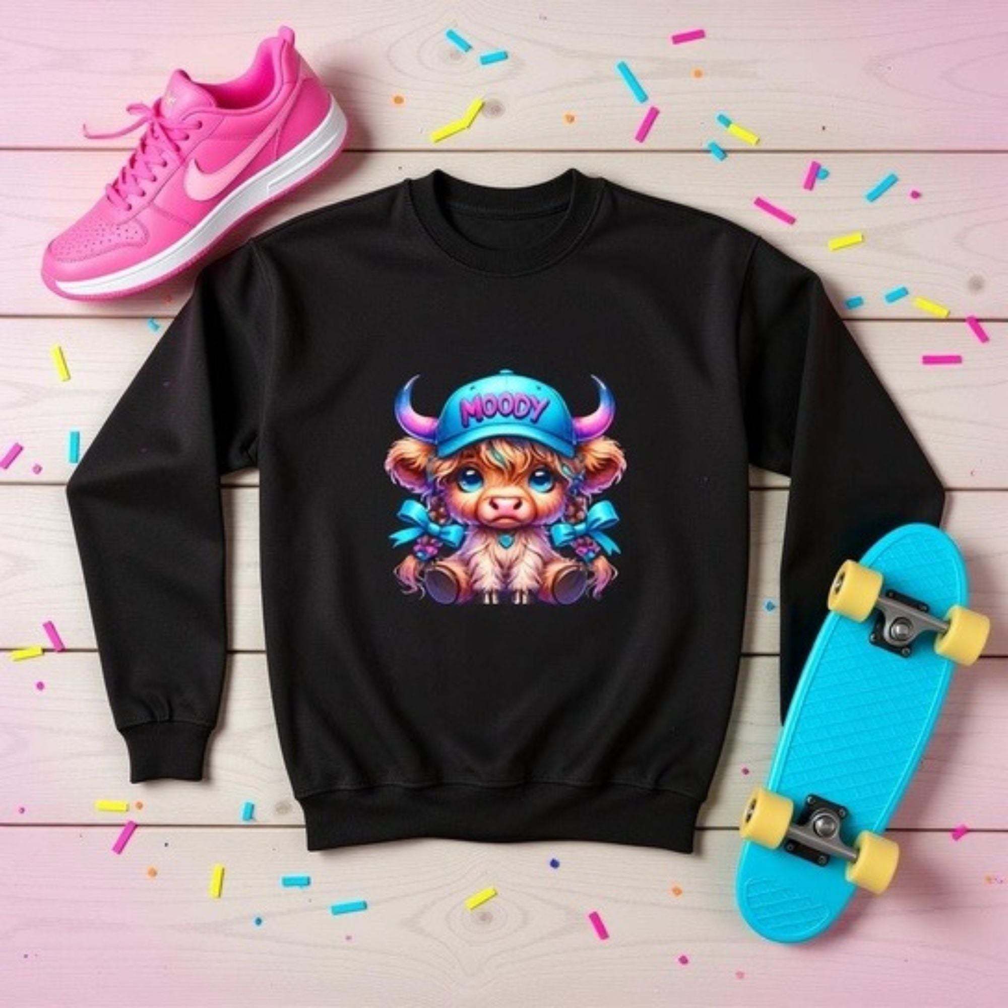 Moody Girl Highland Cow black youth sweatshirt with colorful Highland cow graphic and ribbed collar.