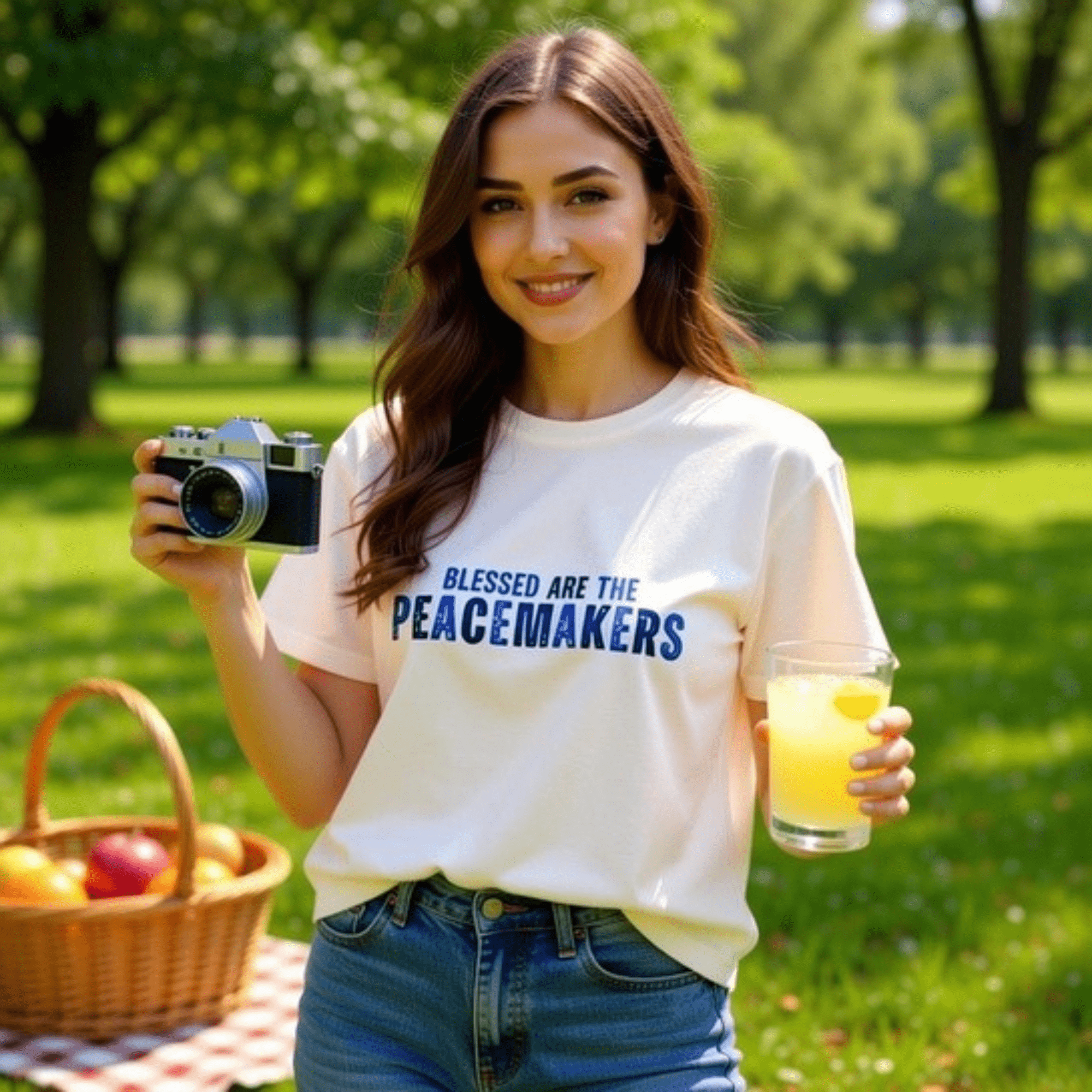 Woman wearing Tee Blessed be the Peacemakers white boxy shirt holding camera and glass of juice outdoors
