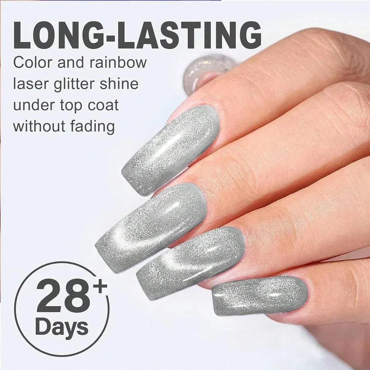 Close-up of long-lasting glitter cat magnetic gel nail polish on manicured nails with silver holographic shine