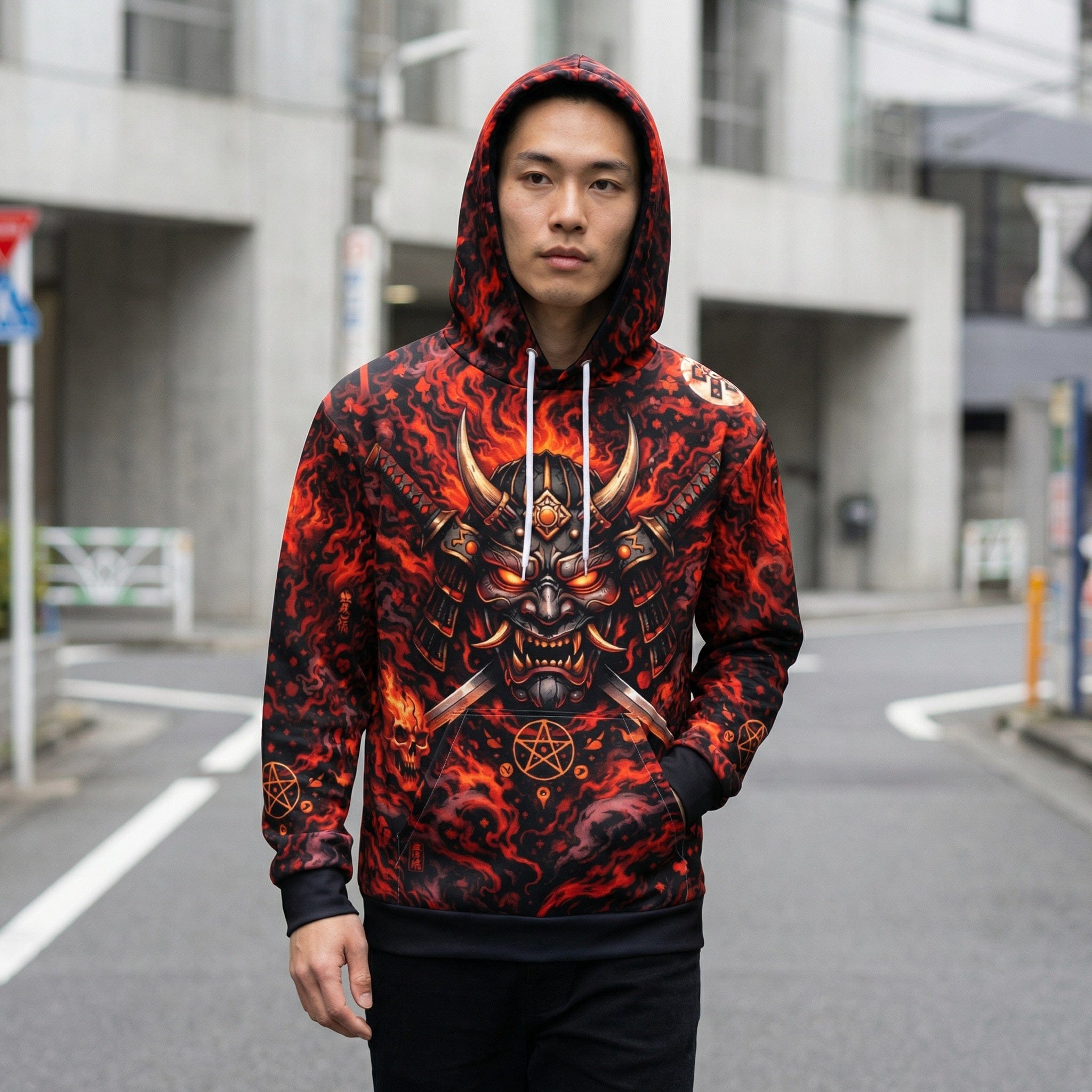 Samurai Oni Mask Cotton Hoodie All Over Print