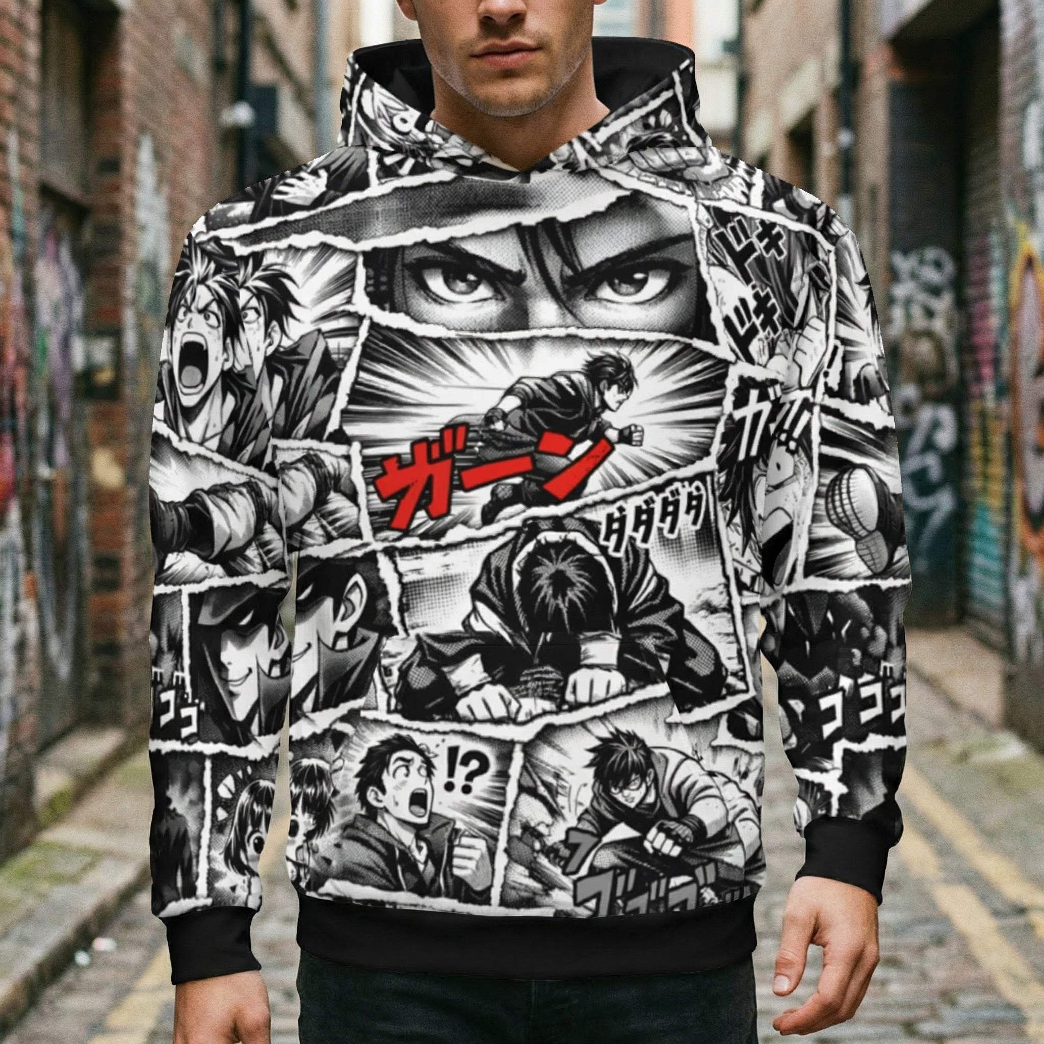 Manga Panel Hoodie with black-and-white anime comic collage design and Japanese sound effects in streetwear style