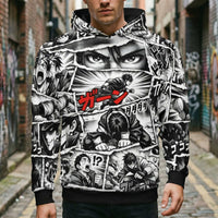 Black-and-white manga panel hoodie with comic-style anime streetwear design