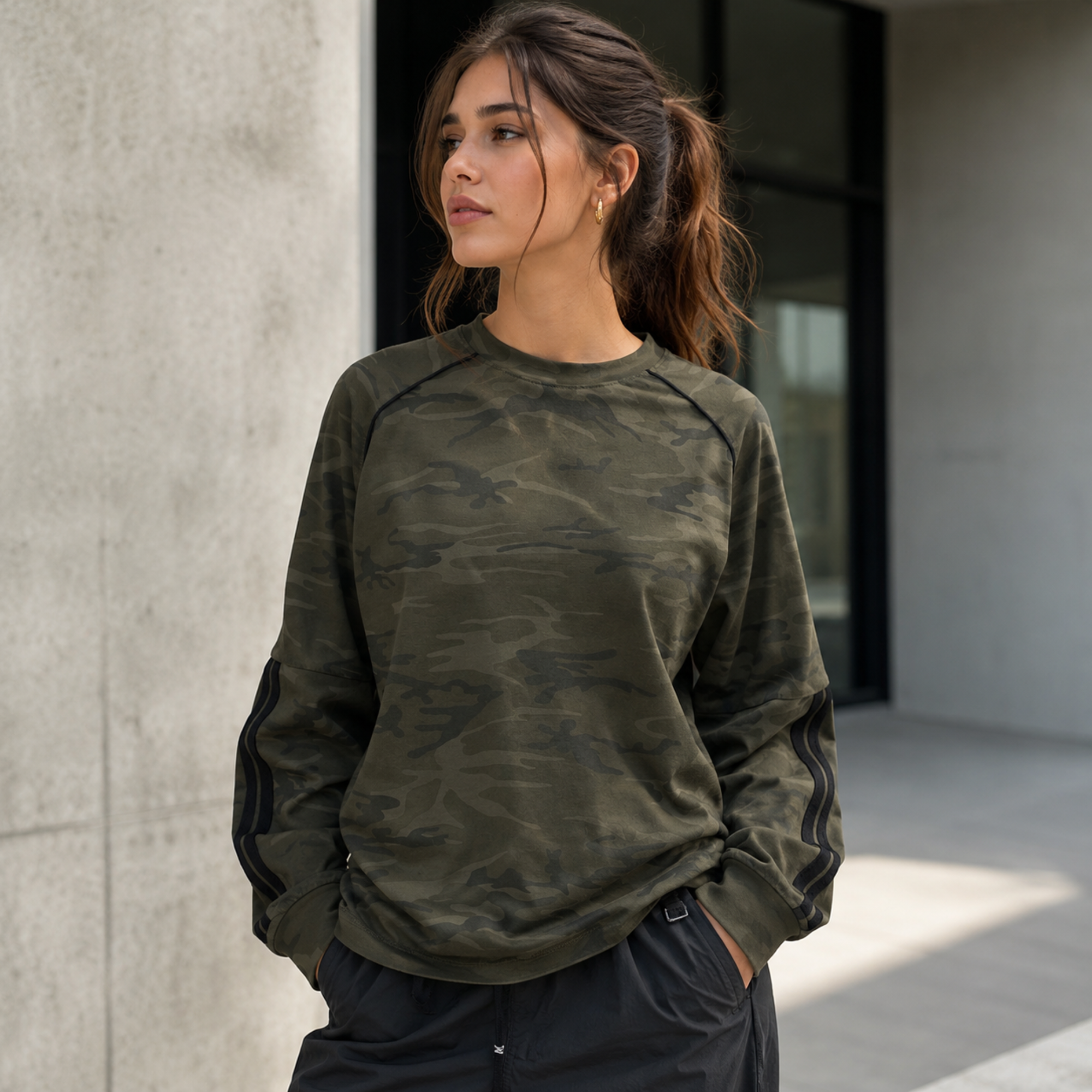 Unisex Camo Loose Long Sleeve T-Shirt | Cotton Raglan Streetwear Tee