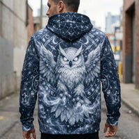 Mystical Owl Hoodie featuring necromancer symbols and arcane runes in bone white, midnight blue, and silver colors.