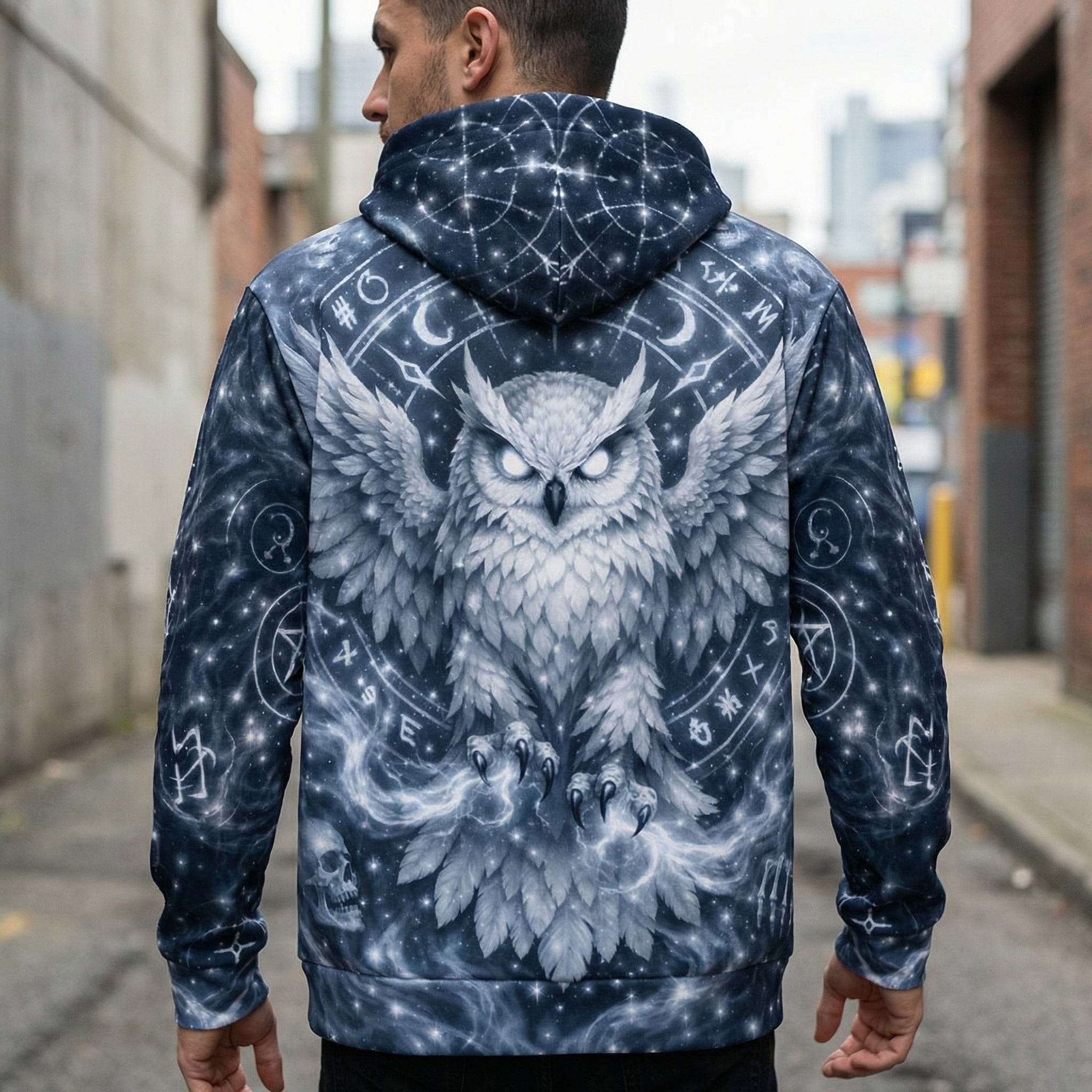 Mystical Owl Hoodie with necromancer owl and arcane runes all-over print in bone white, midnight blue, and silver