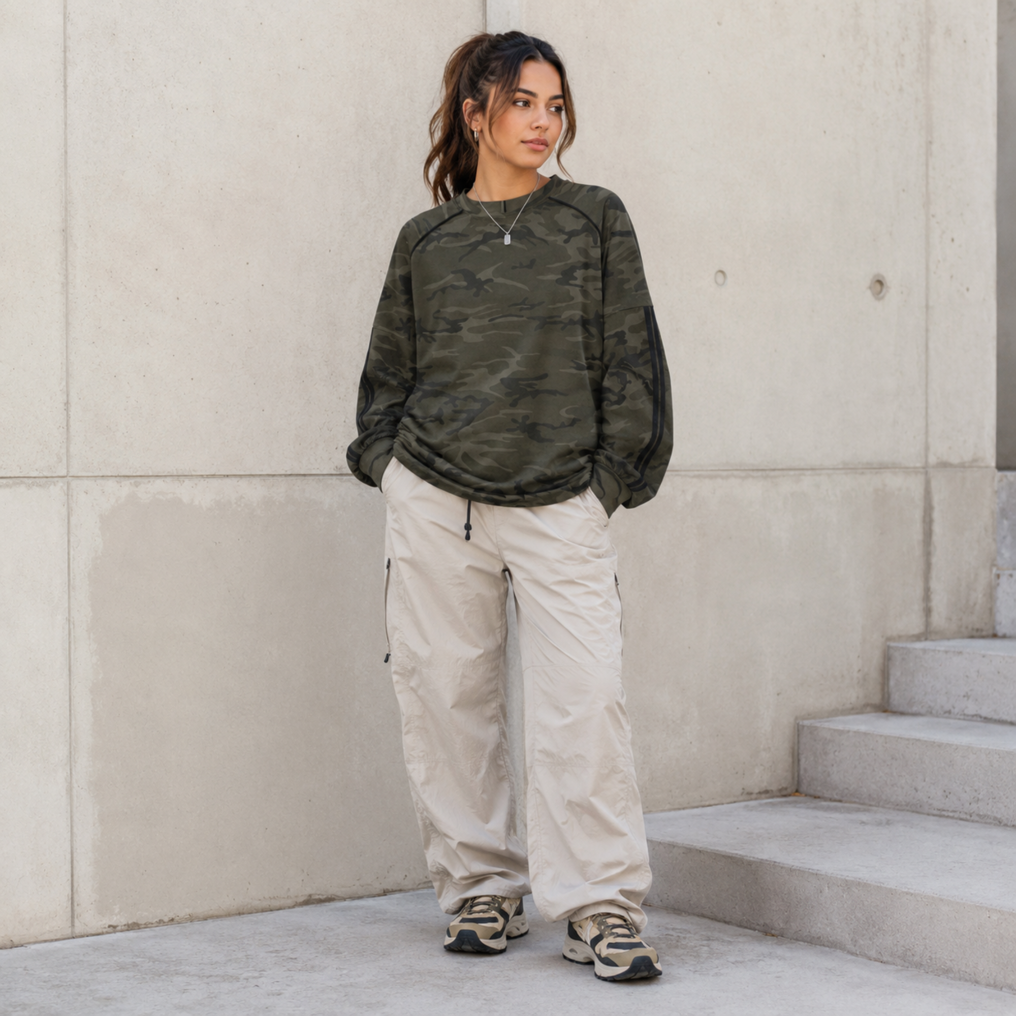 Unisex Camo Loose Long Sleeve T-Shirt | Cotton Raglan Streetwear Tee