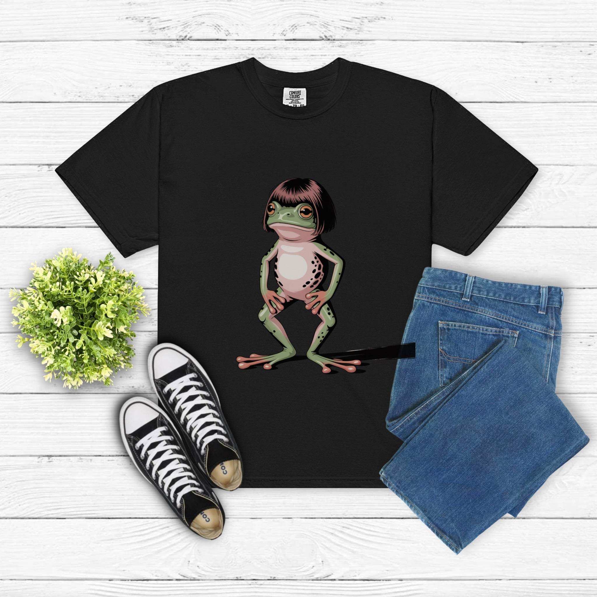Frog with bob haircut meme on vintage garment-dyed t-shirt