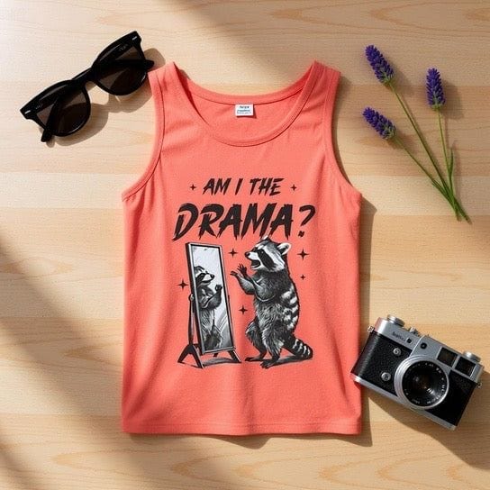 Coral tank top with "Am I The Drama?" raccoon design, casual and trendy summer wear