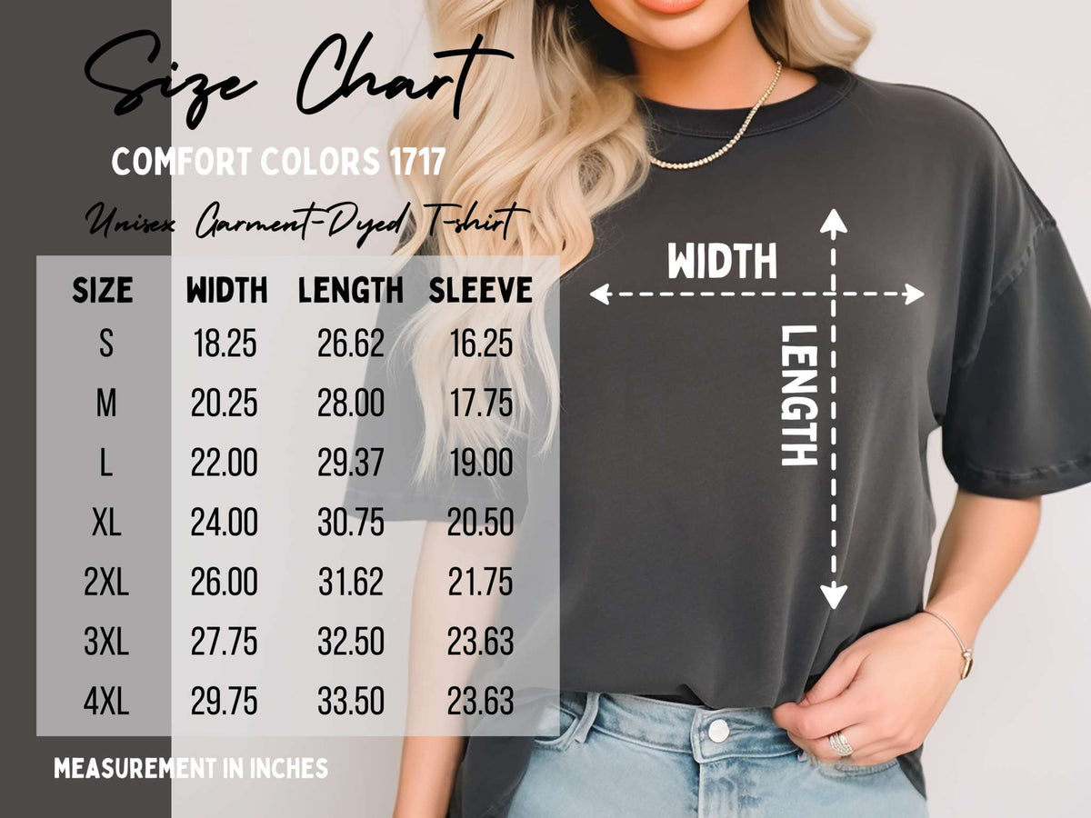 Size chart for the Comfort Colors tee.