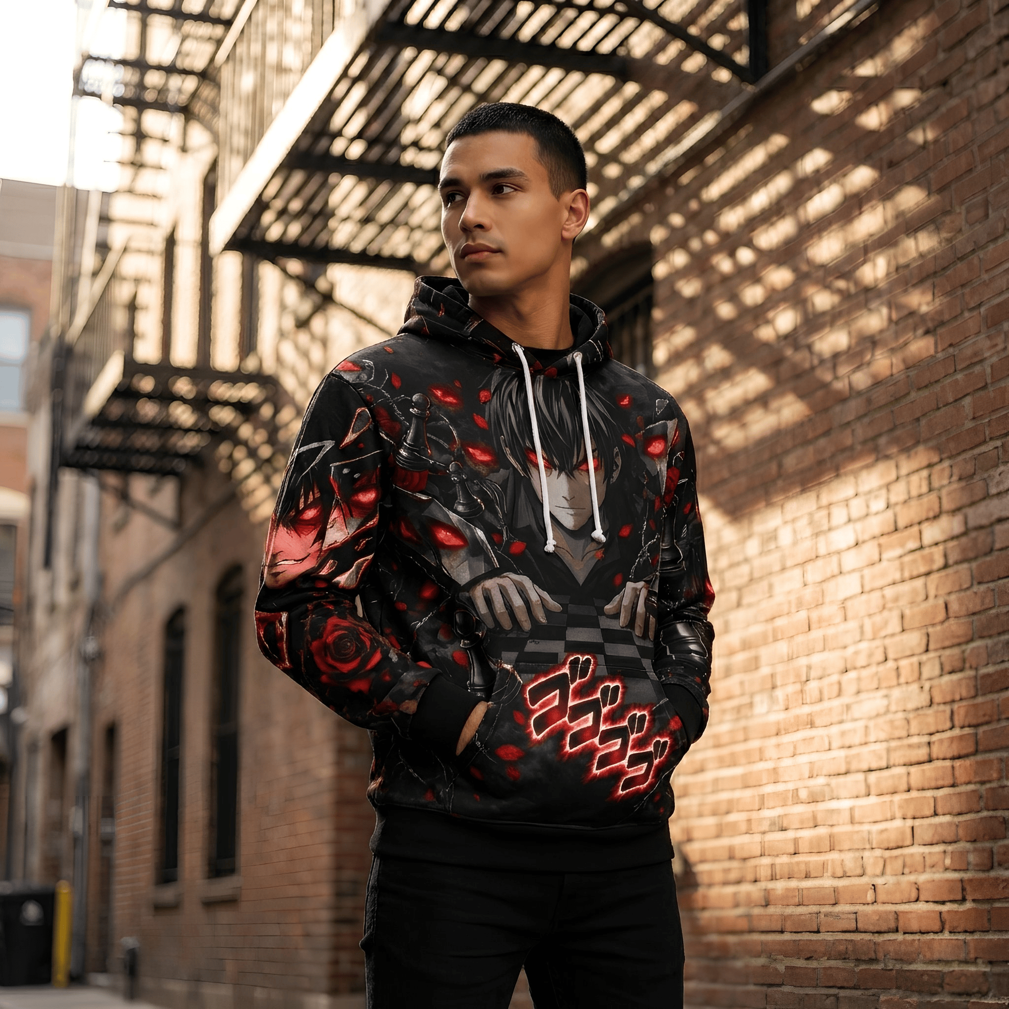 Anime Villain Aesthetic Hoodie with red glowing eyes, shattered mirrors, and thorned roses in dark anime streetwear style