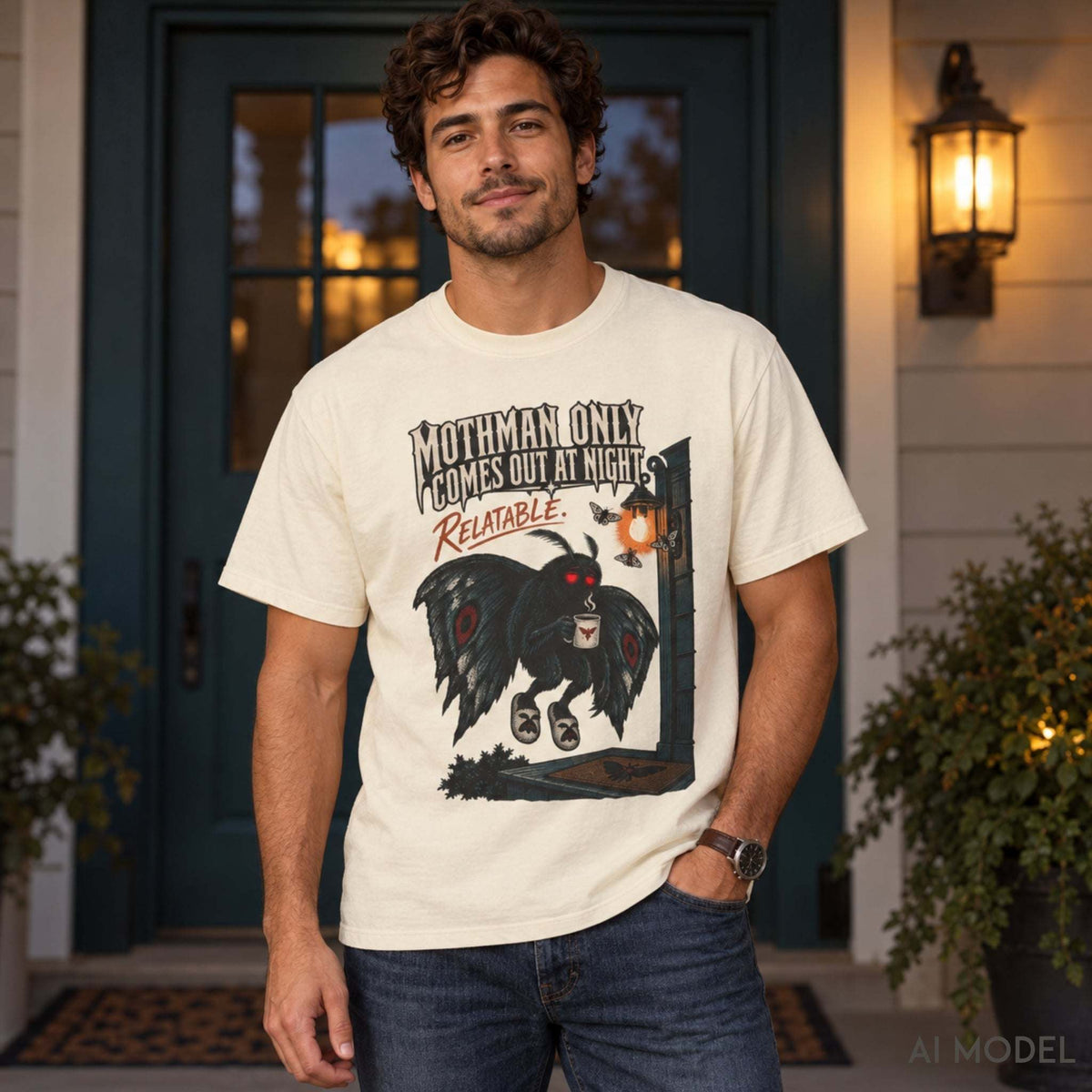 Man wearing an ivory Comfort Colors 1717 Mothman T-shirt with dark jeans on a porch, showing the full cryptid illustration and night-owl slogan.