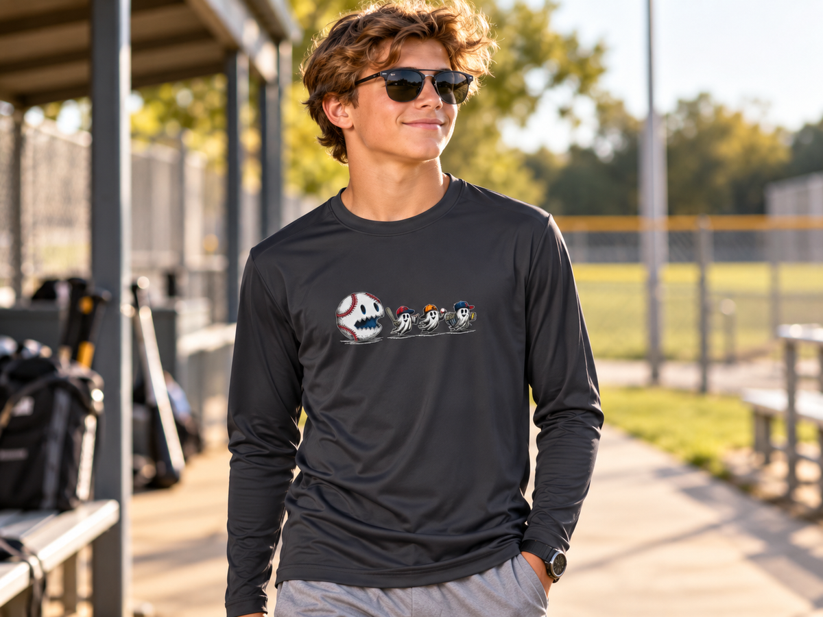 Youth Tee - Fun Halloween Ghosts Baseball Eating Long Sleeve Shirt.
