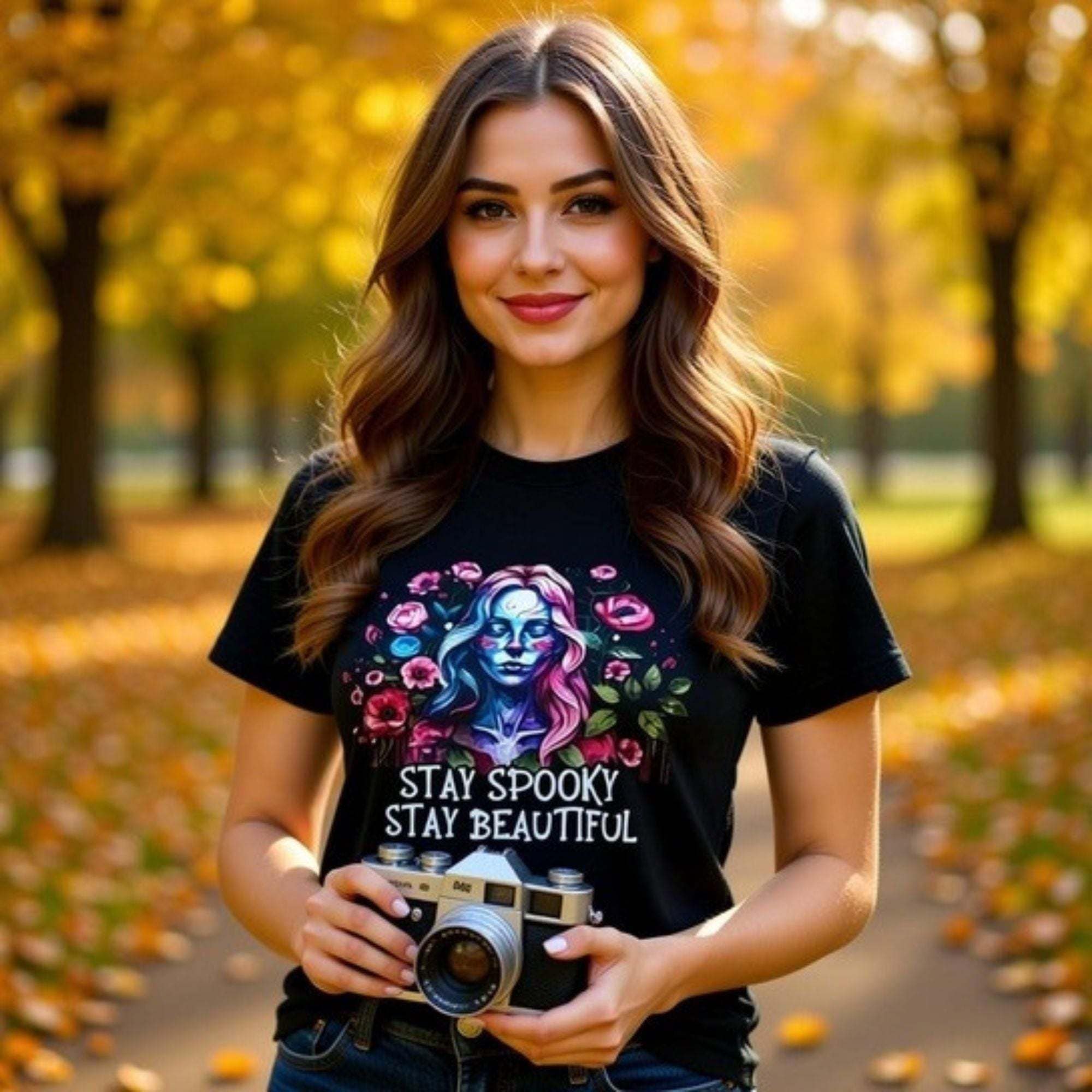 Floral skeleton T-shirt with spooky lady skeleton and flowers design worn by woman outdoors in autumn setting