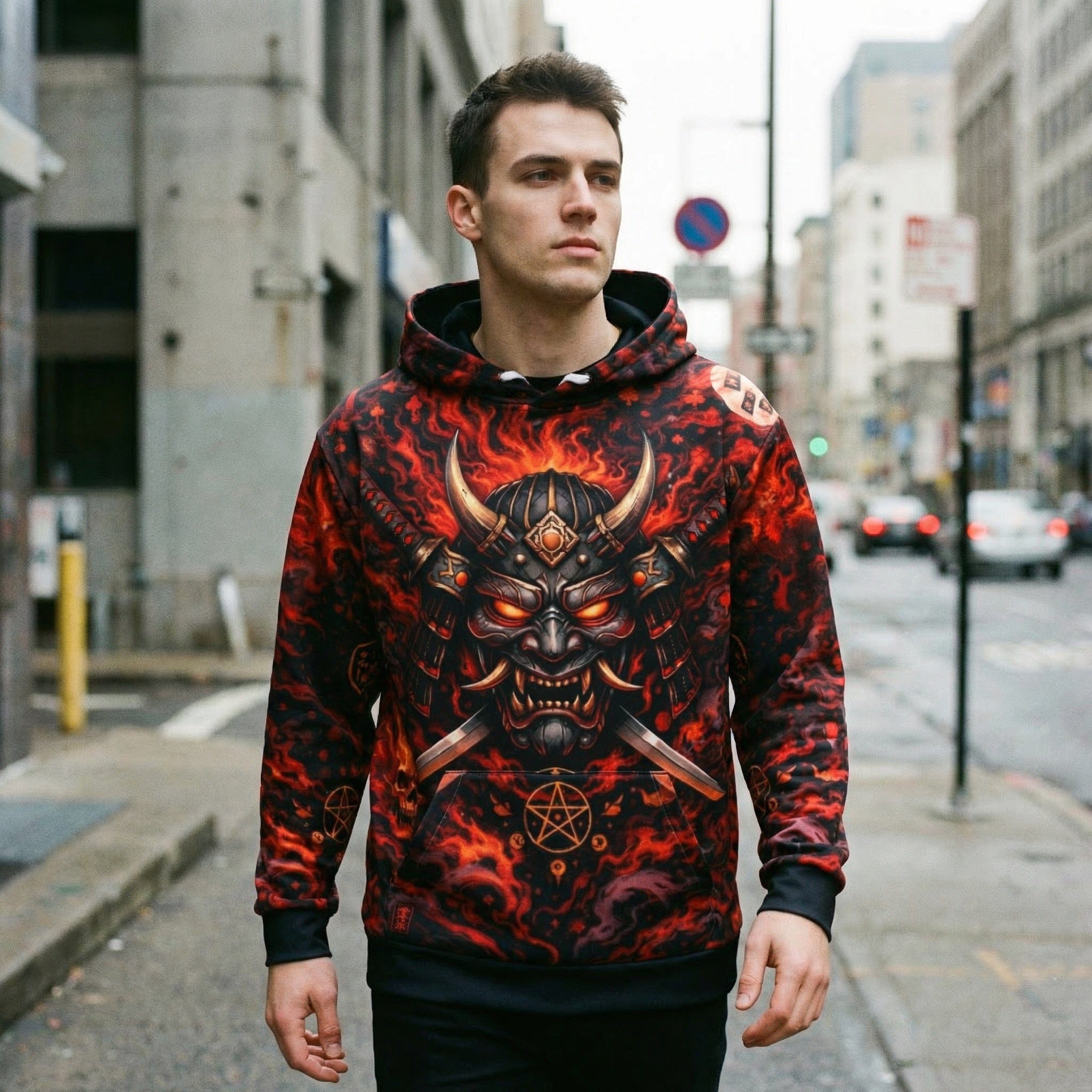 Samurai Oni Mask all-over print cotton hoodie with demonic samurai design and traditional Japanese motifs in crimson and black