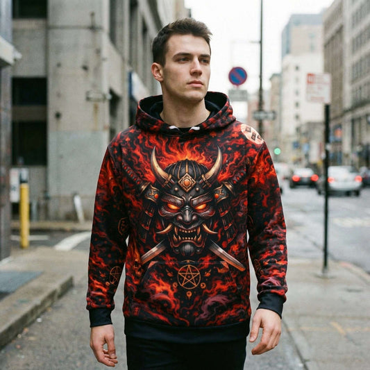 Samurai Oni Mask all-over print cotton hoodie with demonic samurai design and traditional Japanese motifs in crimson and black