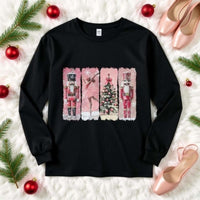 Black long sleeve t-shirt with preppy pink watercolor Nutcracker Christmas design