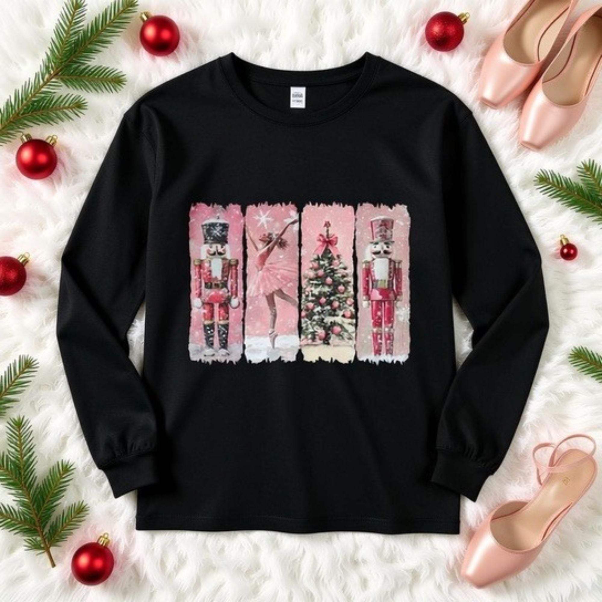 Black long sleeve t-shirt with preppy pink watercolor Nutcracker Christmas design