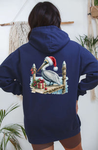 Pelican wearing a Santa hat printed on a cozy holiday hoodie