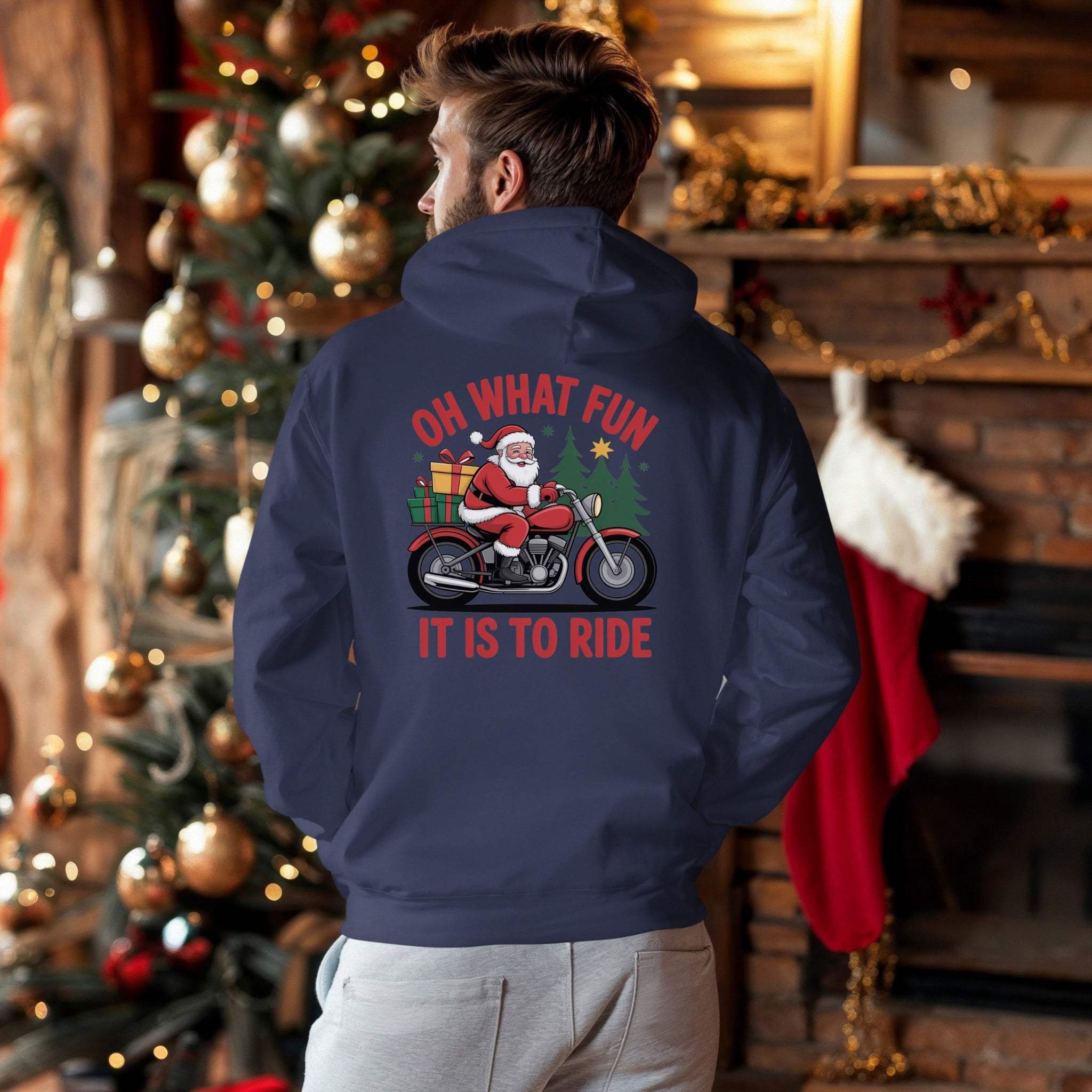 Santa motorcycle hoodie in black, featuring a festive design, perfect for holiday celebrations and casual wear.