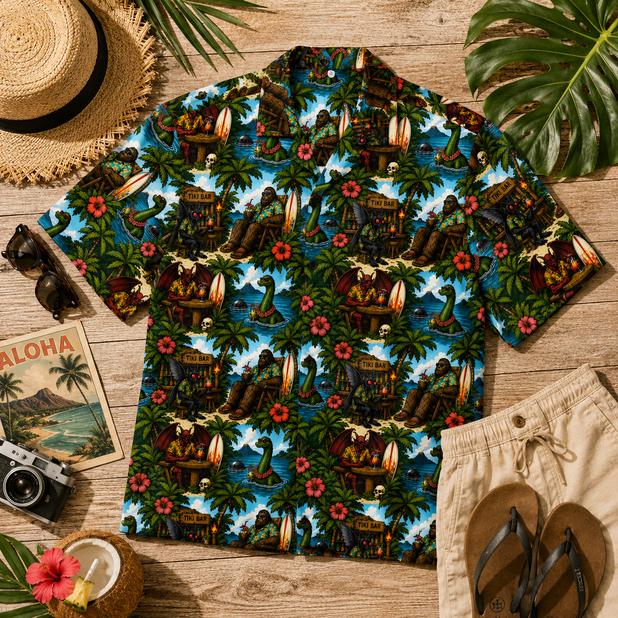 Bigfoot Hawaiian Shirt | Tropical Cryptid Button-Up with Sasquatch Tiki Print | Unisex UPF 50+