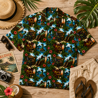 Bigfoot Hawaiian shirt with tropical Sasquatch tiki print and UPF 50+ sun protection