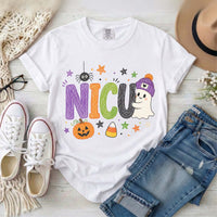 White NICU nurse Halloween T-shirt with colorful crayon-style lettering, a smiling ghost in a purple beanie, pumpkin, and candy corn.