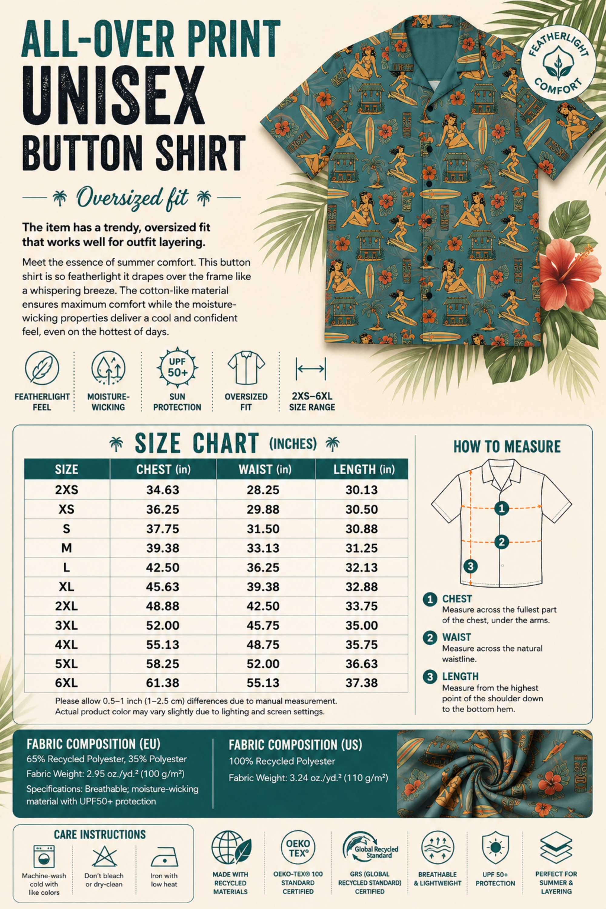 Retro Pinup Hawaiian Shirt – 50s Surf Girl Tropical All-Over Print Button Up | Vintage Tiki Summer Shirt