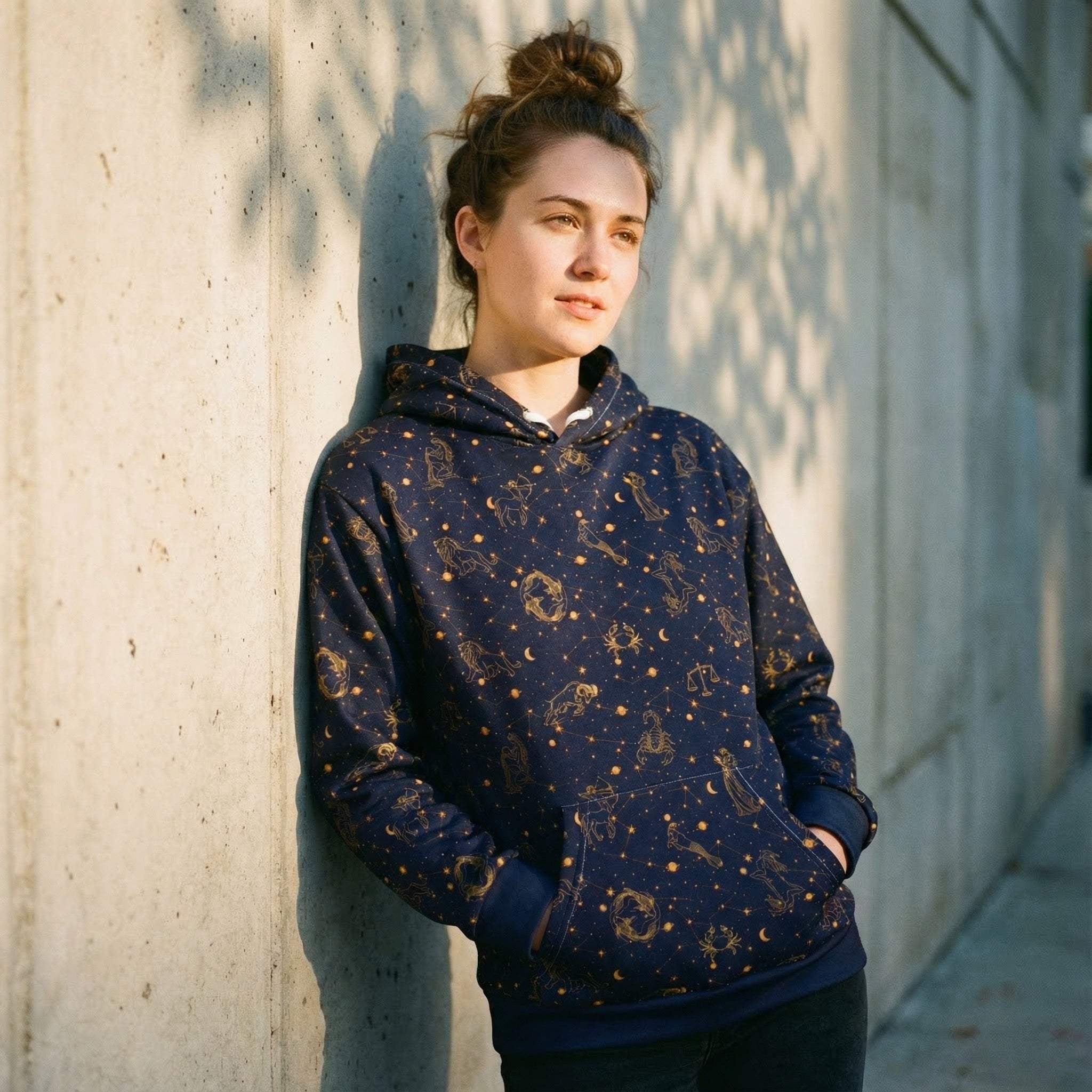 Unisex blue hoodie with zodiac constellation print on soft cotton fabric