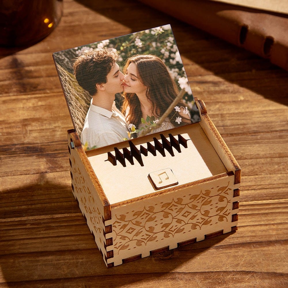 Custom digital music box with personalized photo and voice recording gift in a wooden keepsake box