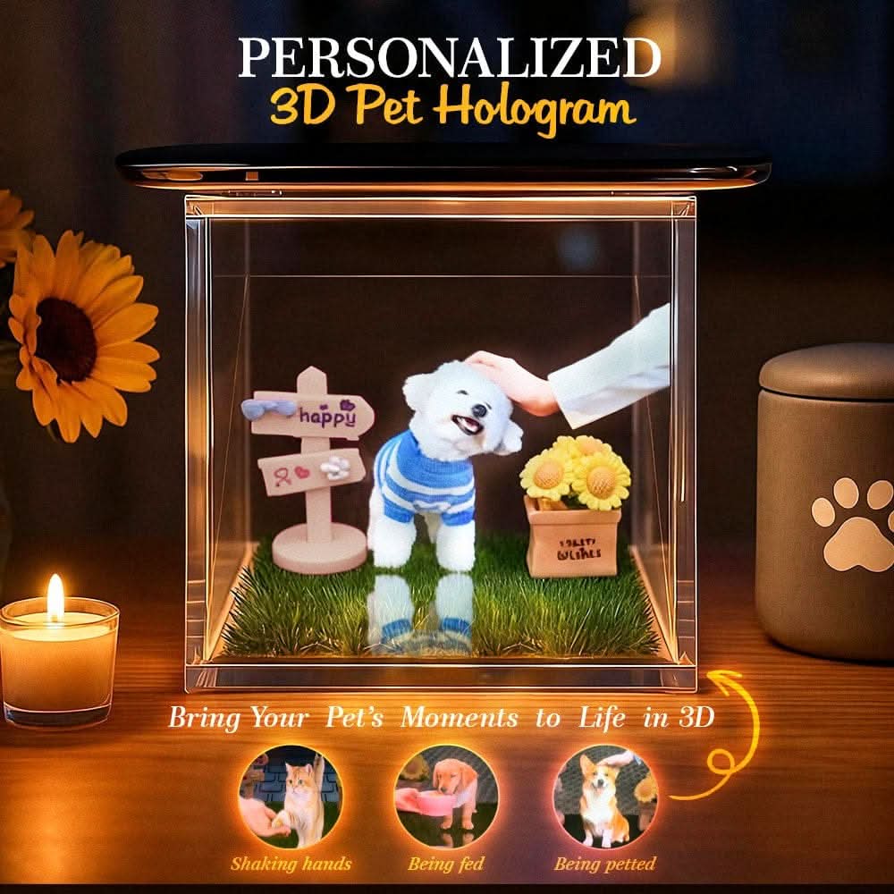 Custom 3D digital DIY pet memorial ornament with holographic pet image in acrylic display