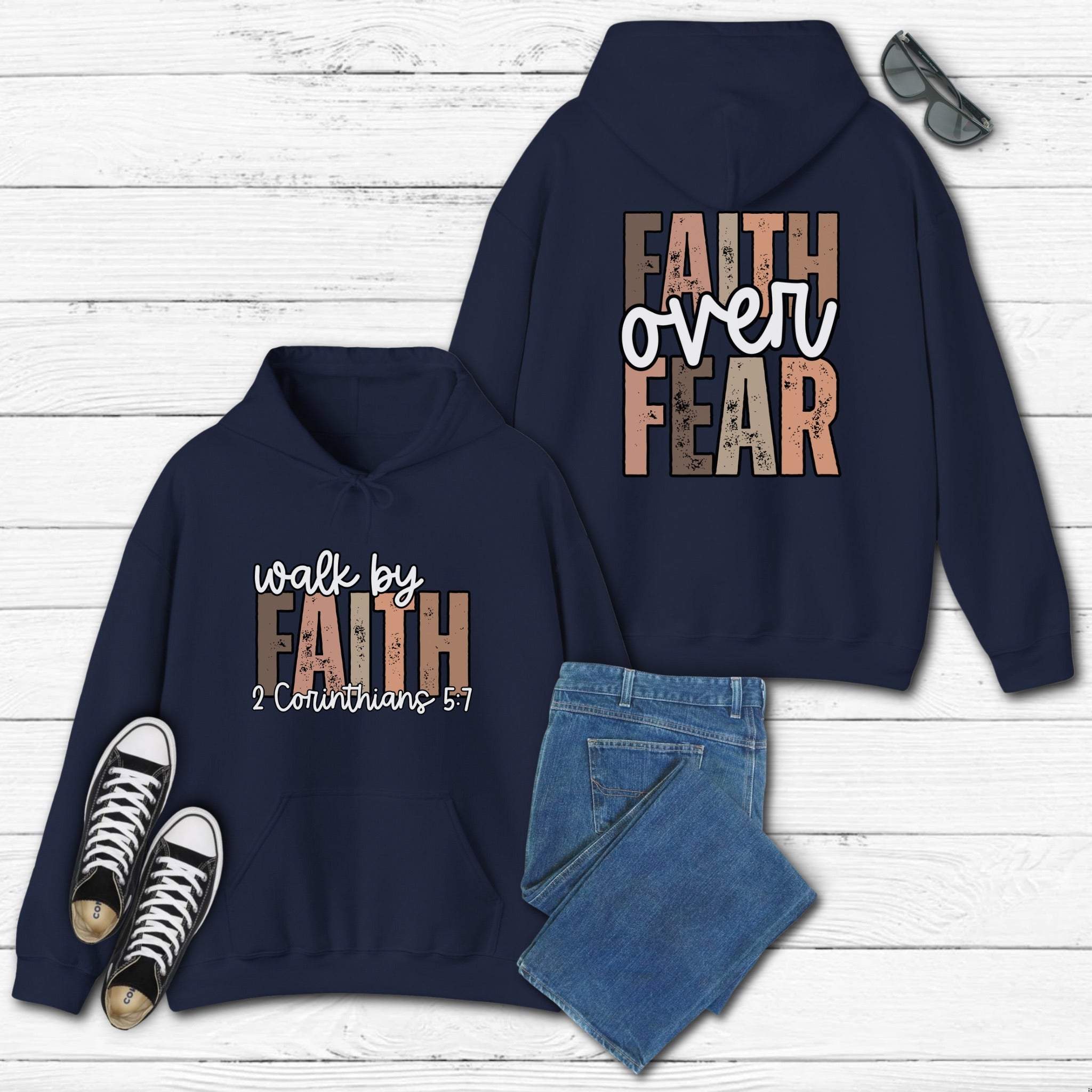 Faith Over Fear Hoodie with "Walk by Faith" inspirational Christian design on cozy sweatshirt