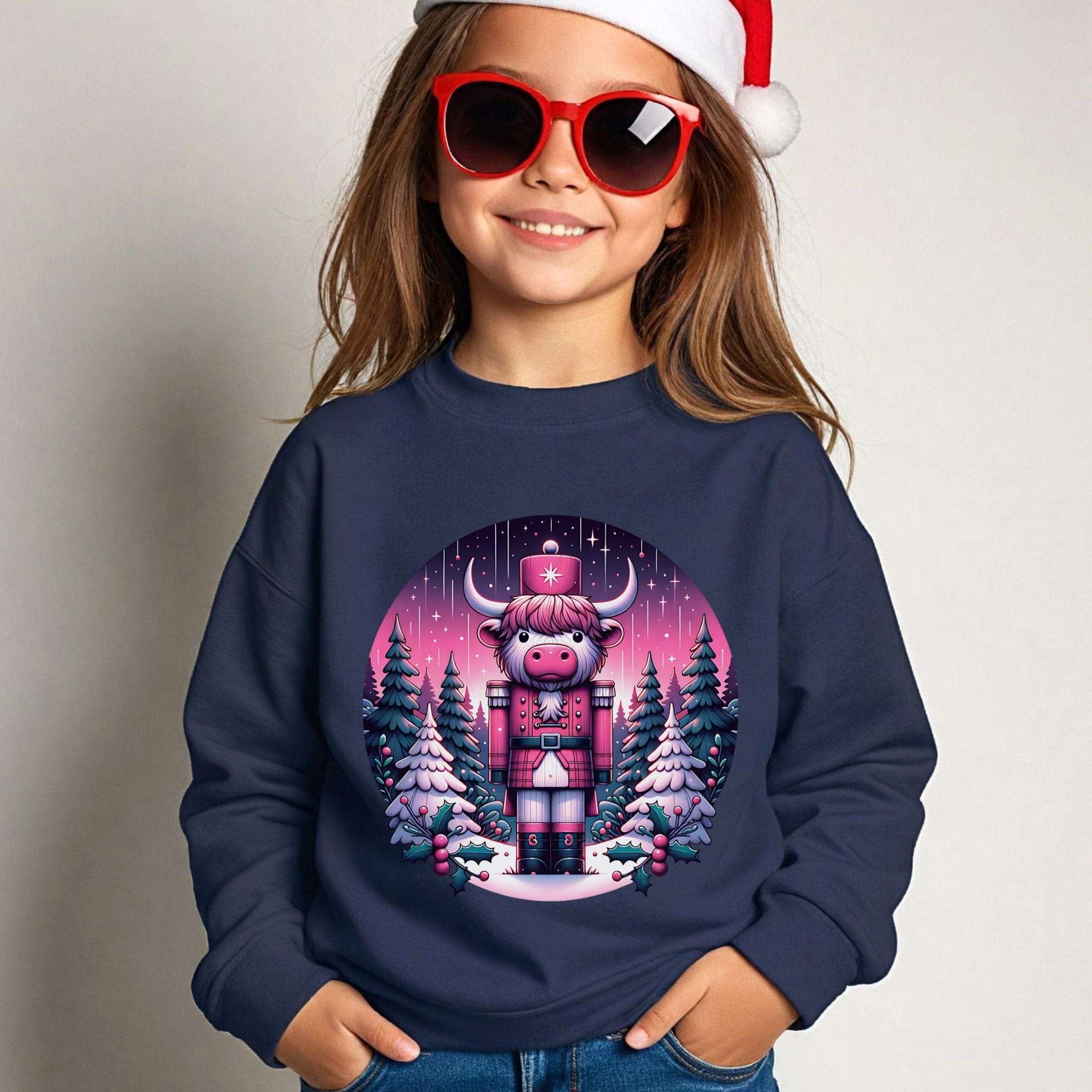 Youth crewneck sweatshirt with festive Highland Cow Nutcracker design for children