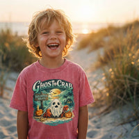 Ghost Crab Snow Washed Kids' T-Shirt with coastal Halloween ghost crab graphic on vintage cotton fabric