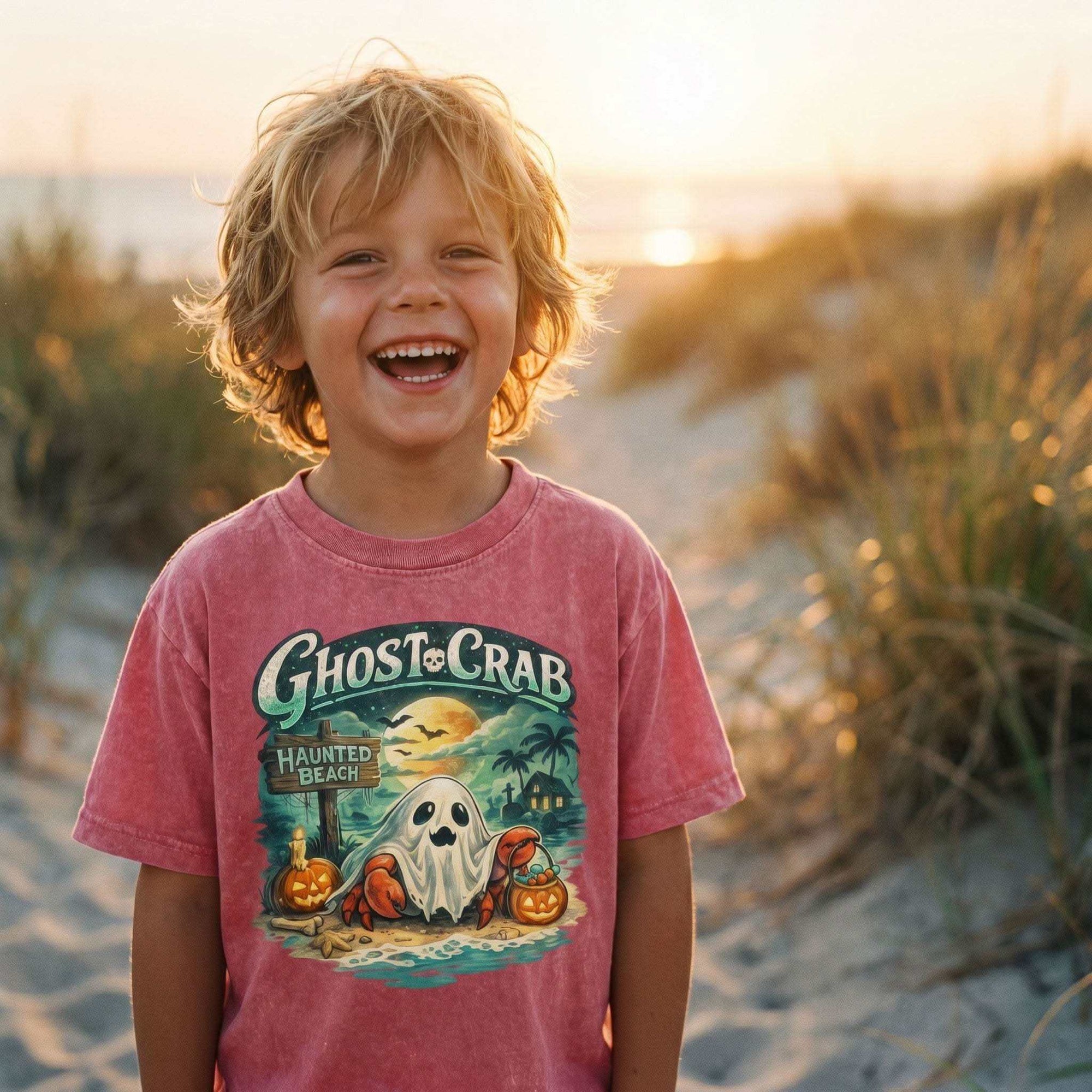 Ghost Crab Snow Washed Kids' T-Shirt with coastal Halloween ghost crab graphic on vintage cotton fabric