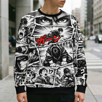 Black-and-white Manga Panel Sweatshirt featuring dynamic comic panels and Japanese sound effects