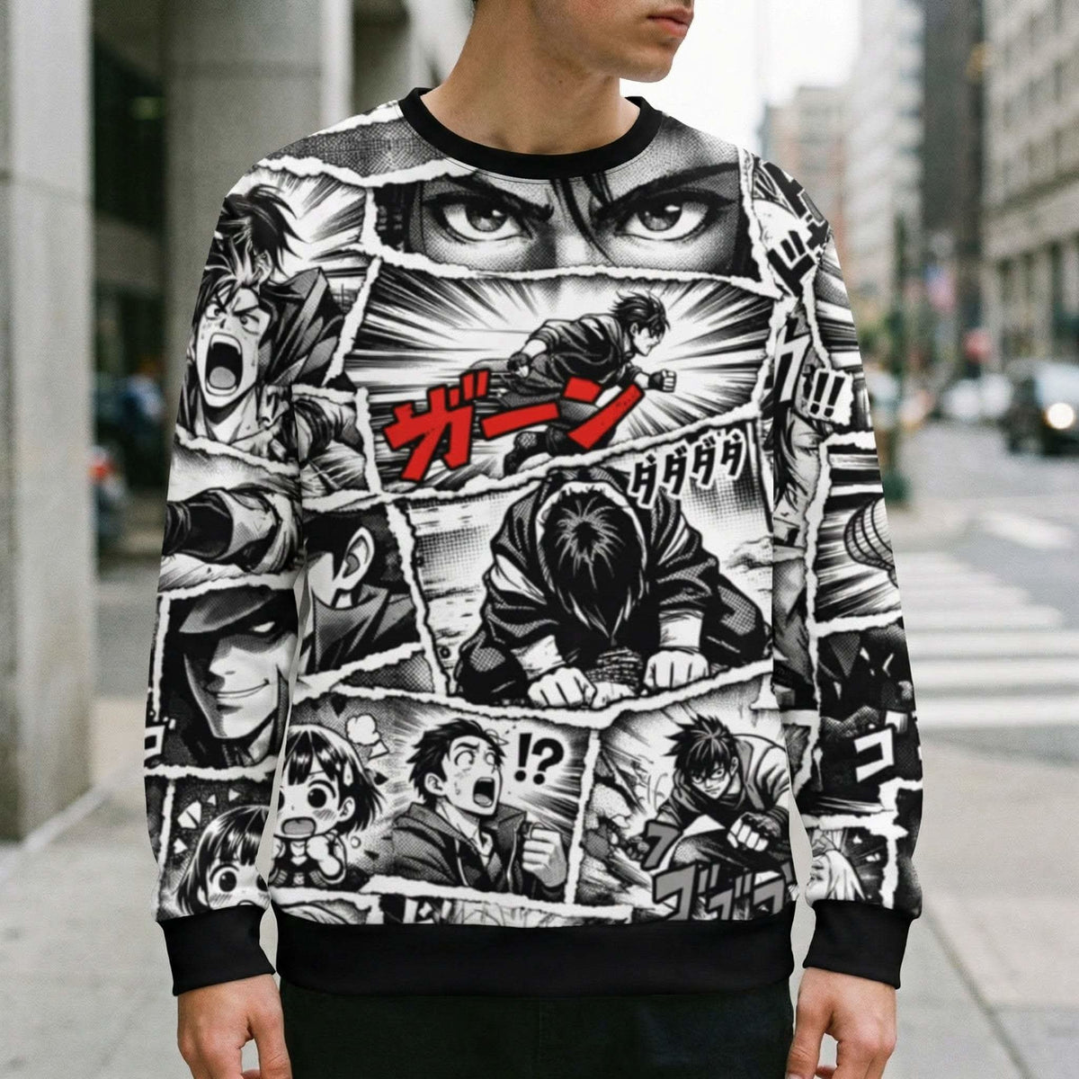 Black-and-white Manga Panel Sweatshirt featuring dynamic comic panels and Japanese sound effects
