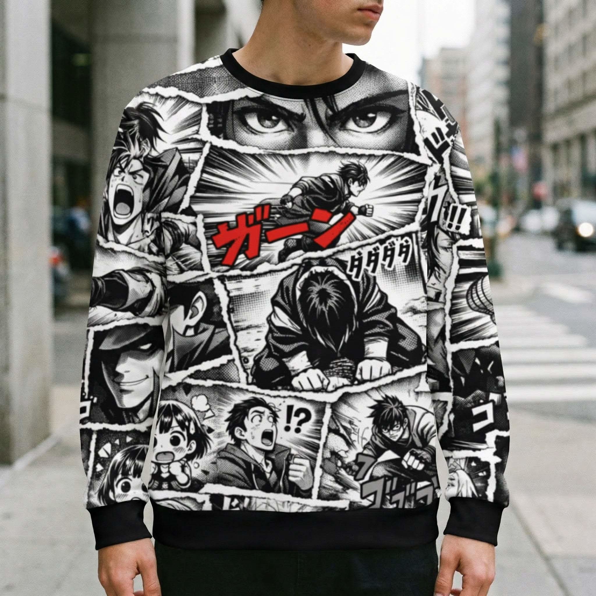 Black-and-white Manga Panel Sweatshirt featuring dynamic comic panels and Japanese sound effects