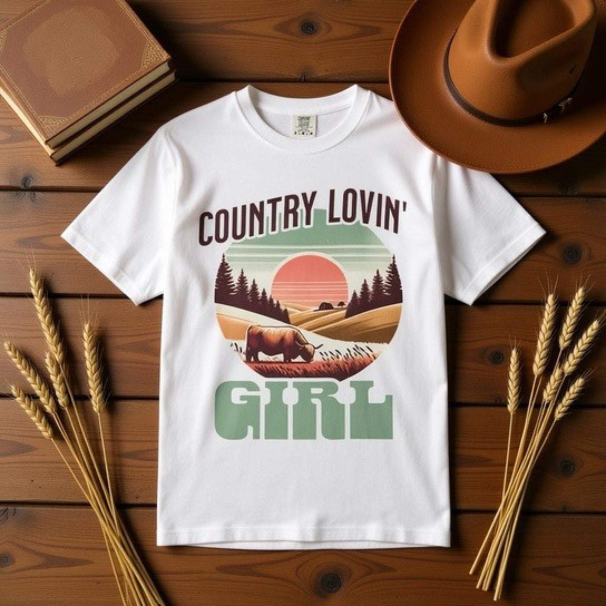 Country Lovin Girl T-shirt vintage style with countryside sunset and cow design on white cotton tee