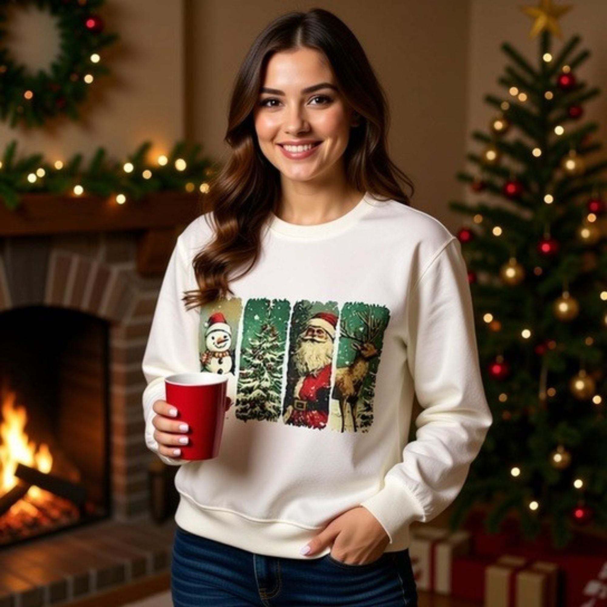 Woman wearing vintage Christmas sweatshirt with watercolor holiday characters holding red cup near Christmas tree and fireplace