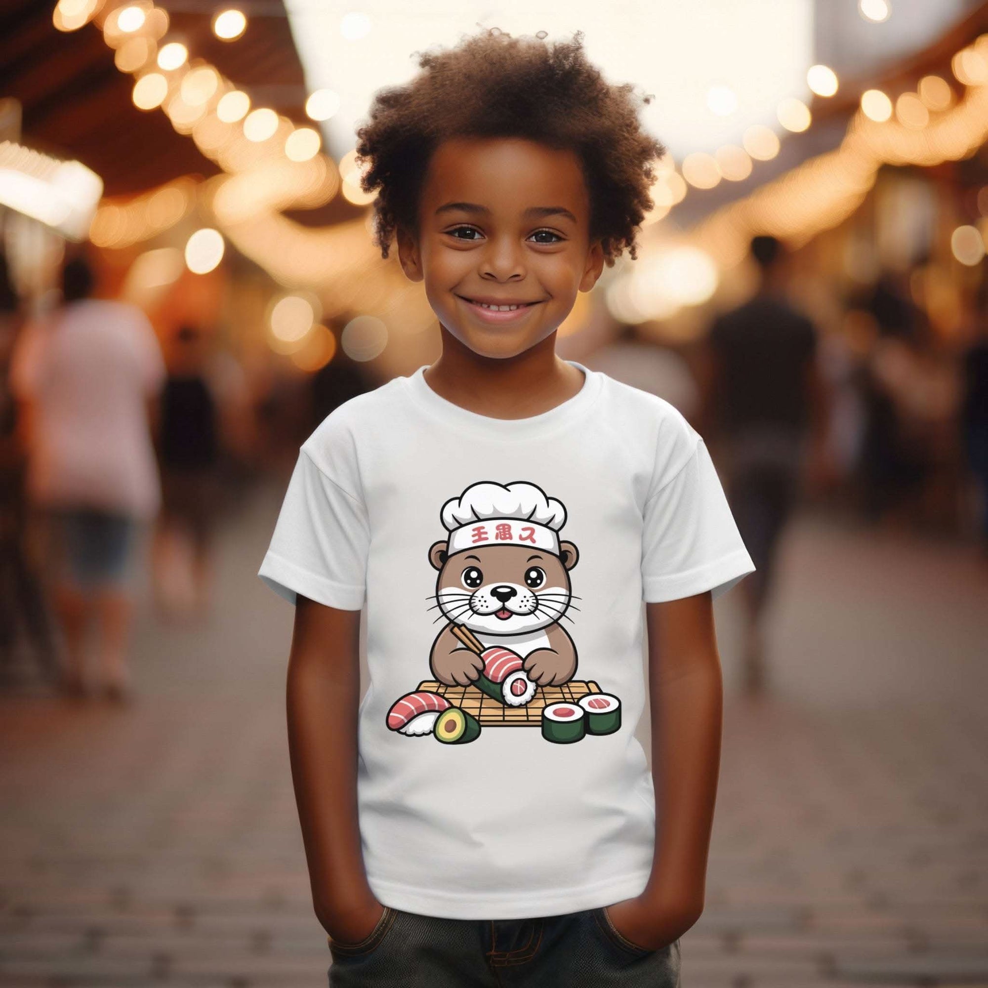 Kids youth t-shirt featuring a cute otter sushi chef graphic with a tiny chef’s hat crafting sushi