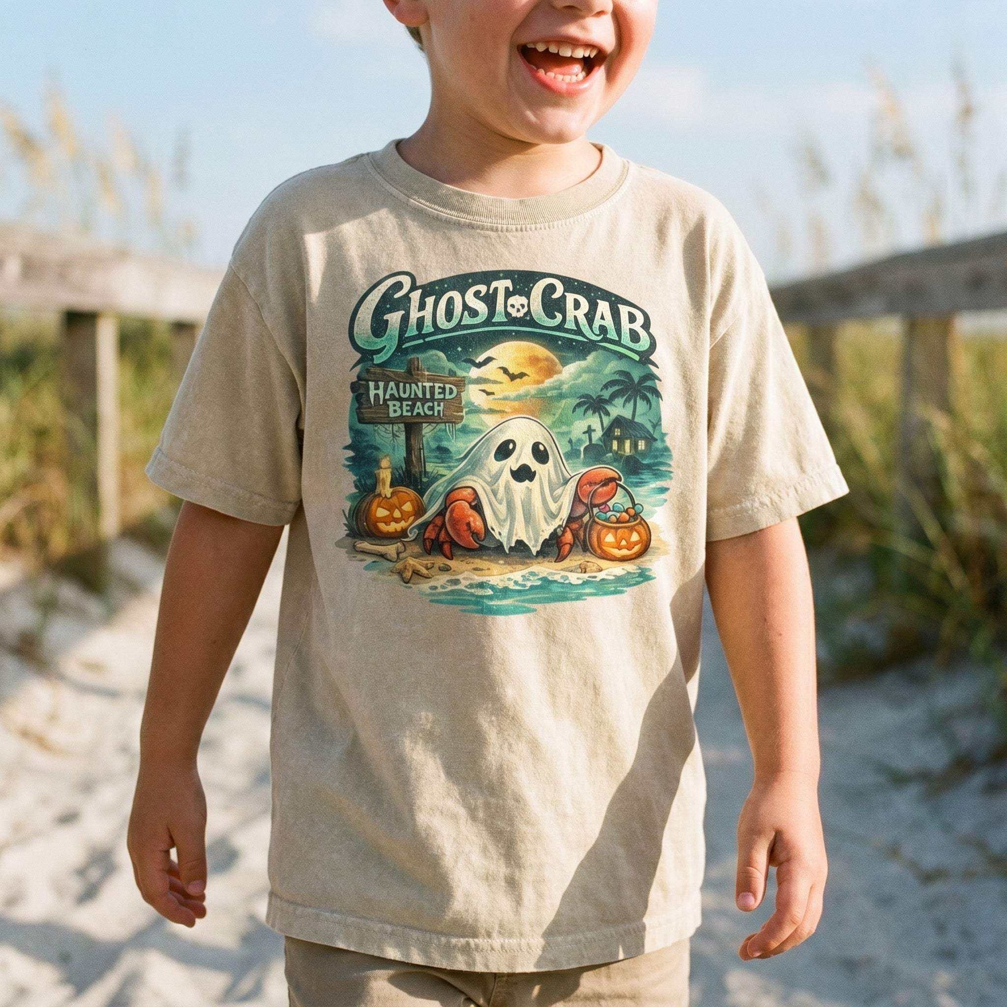 Ghost Crab Snow Washed Kids' T-Shirt with coastal Halloween ghost crab graphic on vintage cotton fabric