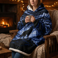 Blue Wolf All Over Print hooded blanket featuring a lone wolf design in indigo and cerulean on soft fleece with a kangaroo pocket