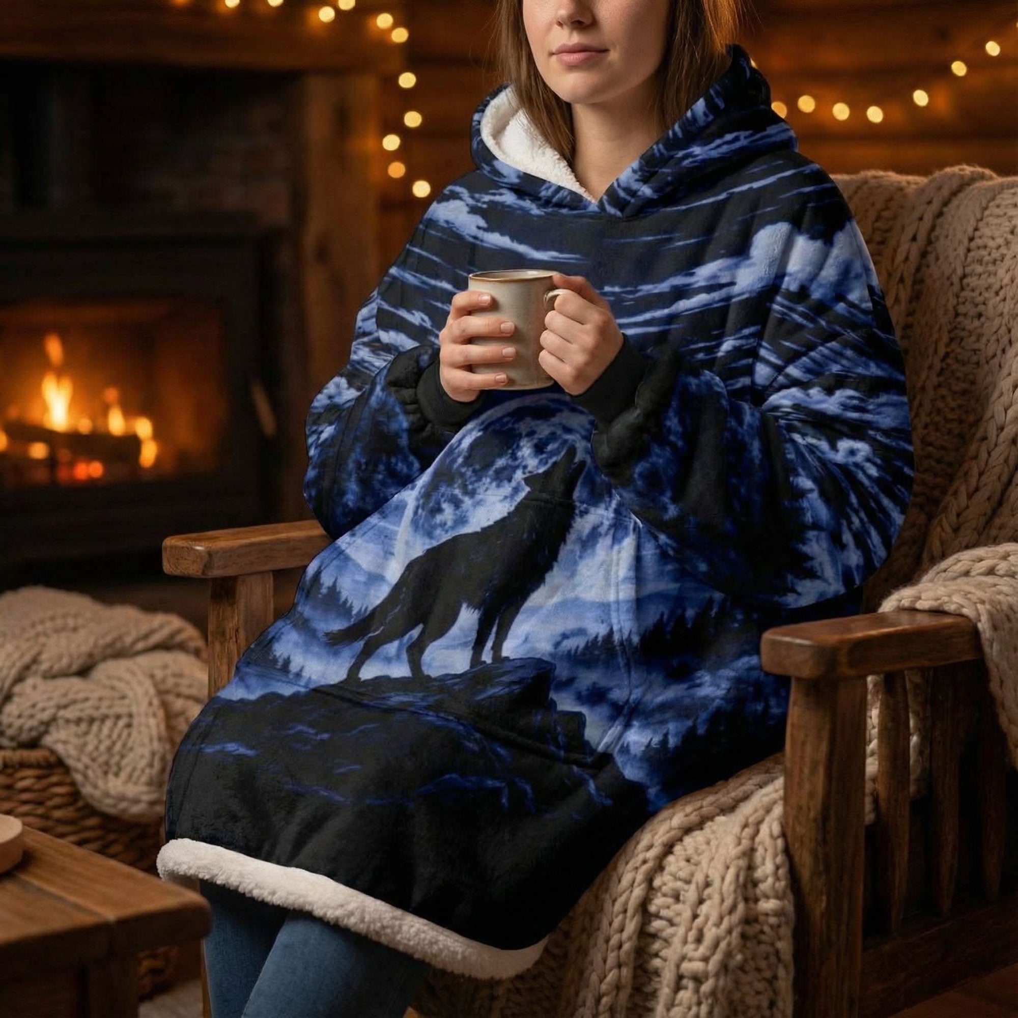 Blue Wolf All Over Print hooded blanket featuring a lone wolf design in indigo and cerulean on soft fleece with a kangaroo pocket