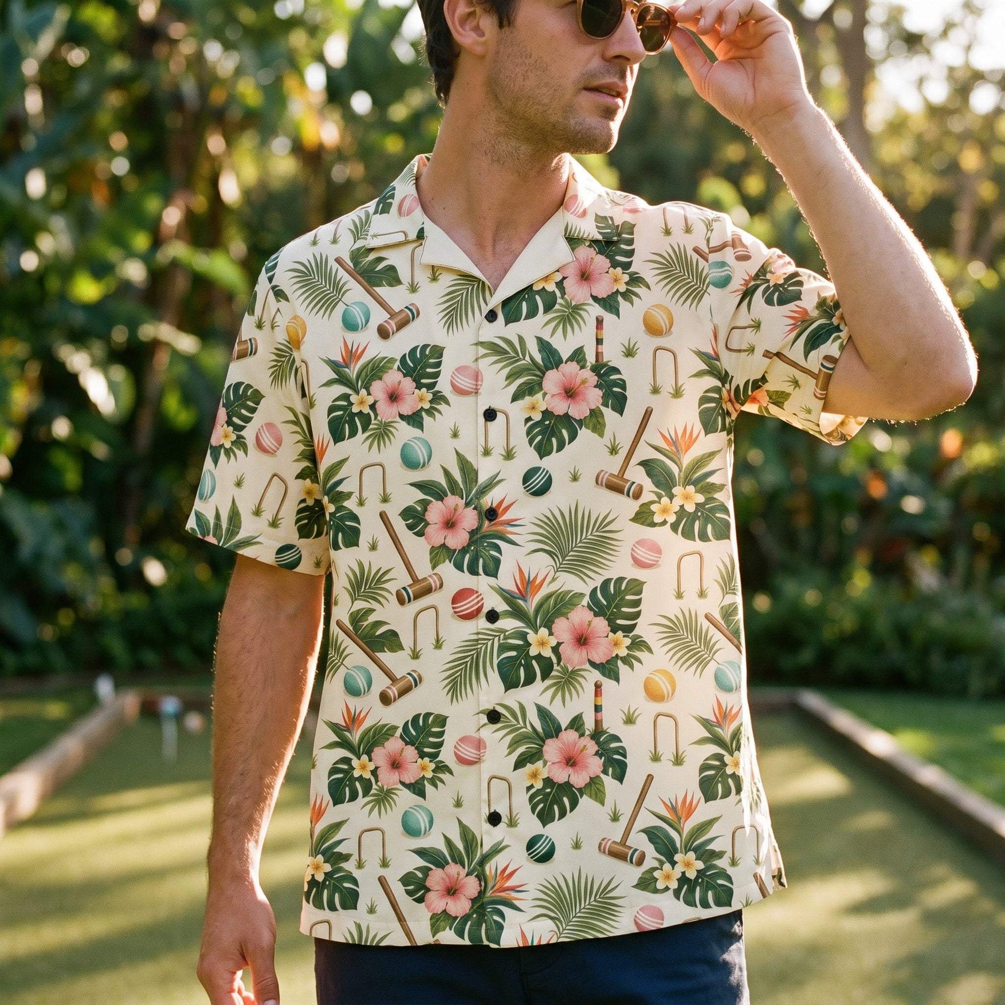 Tropical Croquet Hawaiian Shirt – Cream Hibiscus Camp Collar Button Down