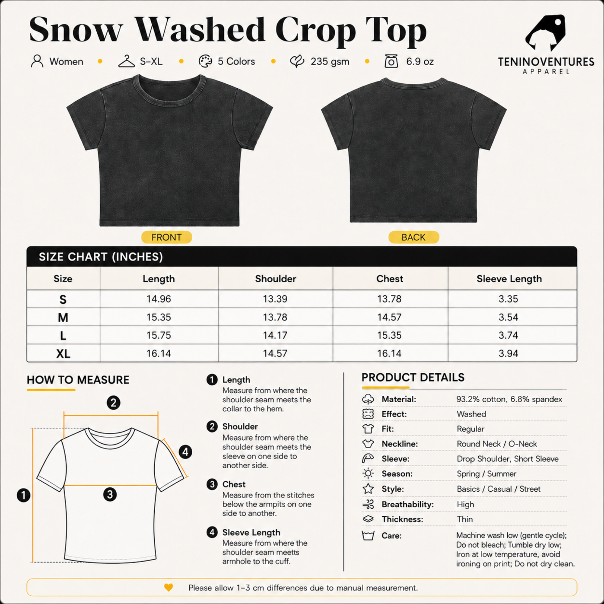 Women wearing snow washed crop top with round neck and drop shoulder sleeves in streetwear style