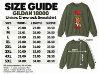 Gildan 18000 Merry Mahj Christmas mahjong sweatshirt size chart with S–5XL width, length and sleeve measurements in inches, shown with an olive green crewneck mockup.