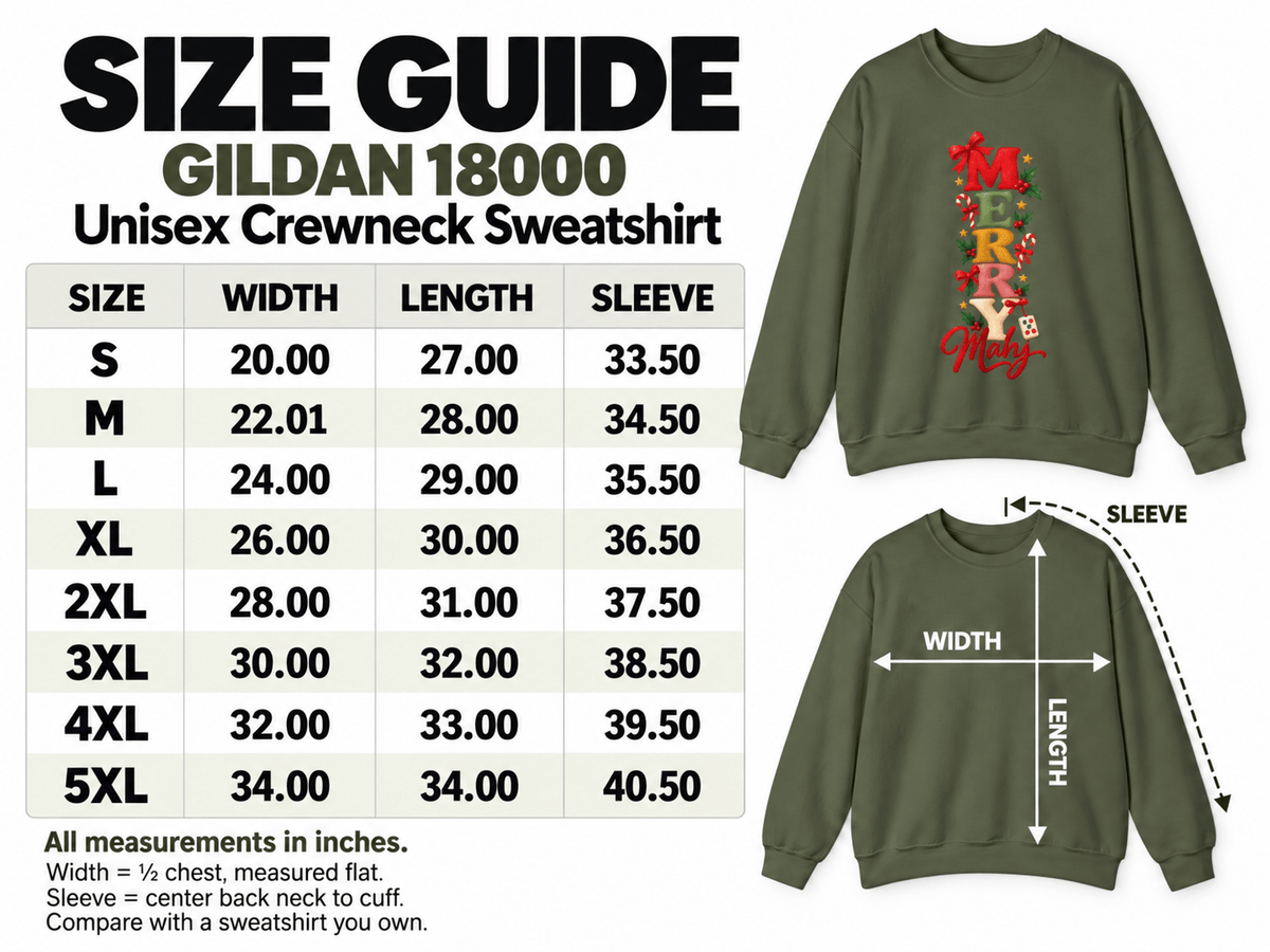 Gildan 18000 Merry Mahj Christmas mahjong sweatshirt size chart with S–5XL width, length and sleeve measurements in inches, shown with an olive green crewneck mockup.